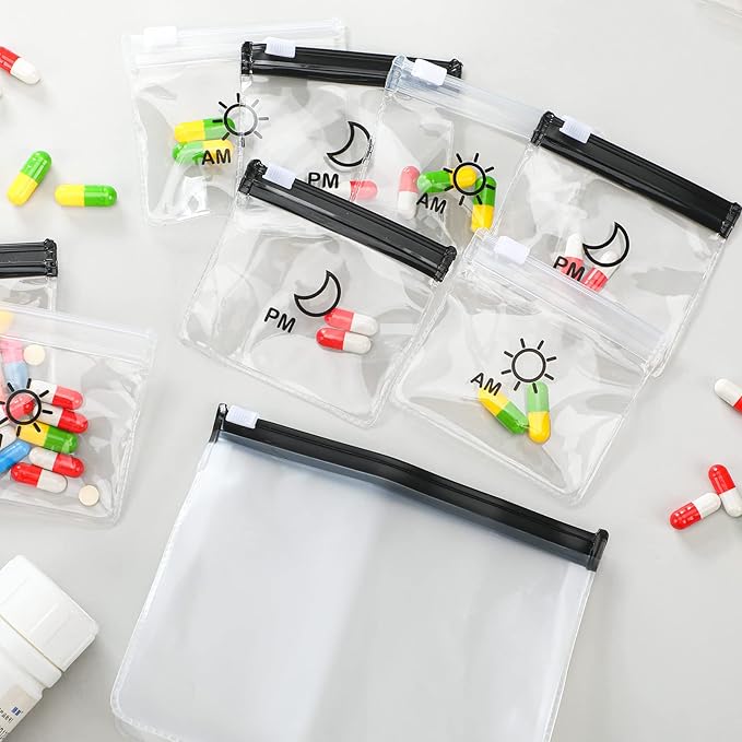 56 Pcs AM PM Pill Pouches Bags Travel Pill Bags Zippered Medicine Organizer Day and Night Pill Bag Reusable Plastic Pill Baggies with Slide Lock Monthly Pill Organizer 2 Times a Day (Clear, Black)