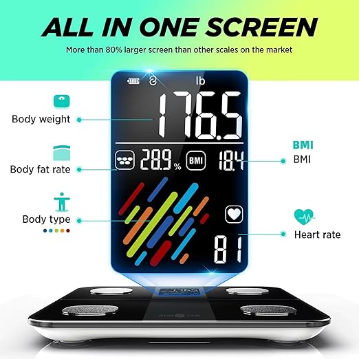 RunStar Smart Scale for Body Weight and Fat Percentage, High Accuracy Digital Bathroom Scale with Large Display for BMI Heart Rate 22 Body Composition Analyzer Sync with Fitness App 400lb