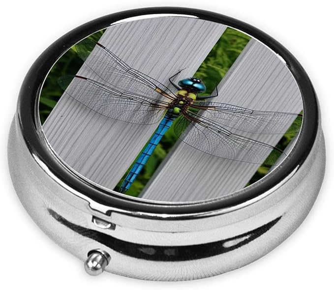 Dragonfly Fence Printed Pill Organizer,Round Travel Pill Organizer Mini Medicine Pill Box for Purse Iron Plating