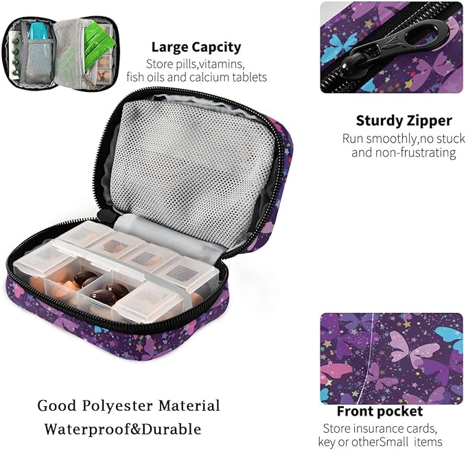 Fustylead Bright Fantasy Purple Butterflies and Stars Pill Organizer Case with Zipper 2 Times A Day for Vitamin and Supplement, 7 Day Travel Organizer Medicine Case
