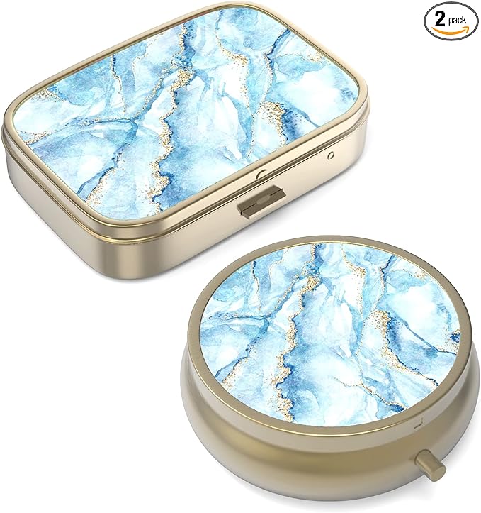 Pill Case Pill Box with Mirror Retro Small Pill Case for Purse or Pocket Bronze Pill Box or Vitamins, Fish Oil, Supplements, Pill Containe Travel Gifts（2PCS）