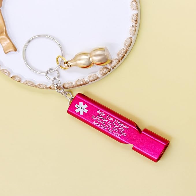 Emergency Whistle Brass Gourd Keychain – Waterproof Portable Pill Storage Case with Blood Thinner Info – for Daily Wear and Sports, Featuring Rose Red Whistle
