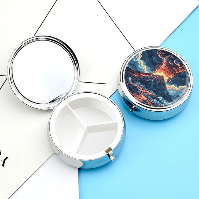 Depicts A Volcano Pill Box Travel Pill Case for Purse Pocket Weekly Medicine Organizer with Mirror 3 Compartment Round Medicine Case Portable PillcaseHolder for Daily