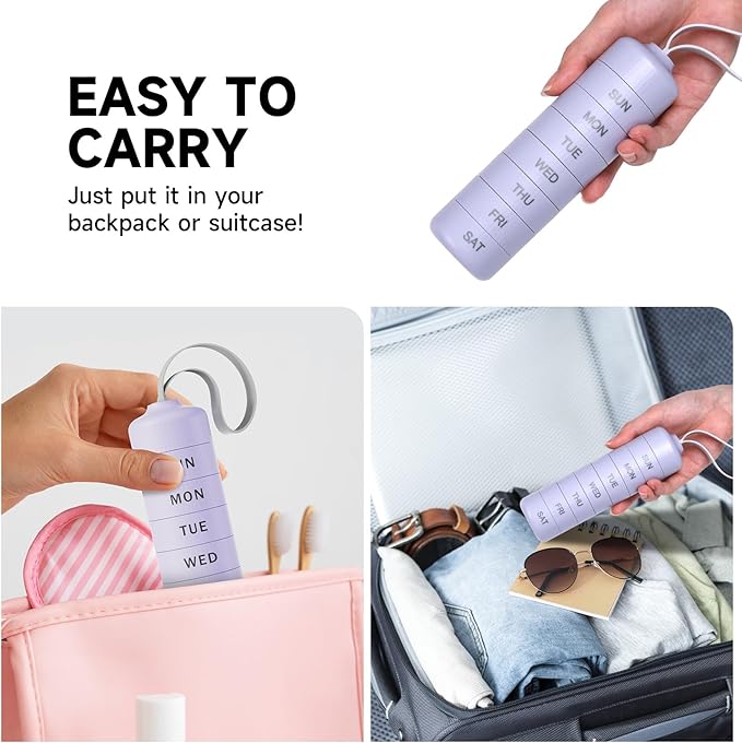 Betife Cute Pill Organizer, Cute Weekly Pill Box for Travel, Cute Daily Pill Case 7 Day, with 7 Large Stackable Compartments, Sturdy ABS Pill Holder for Vitamin Supplement Medicine（Purple）