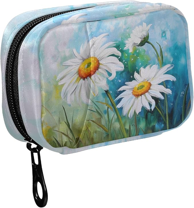 Fustylead Vibrant White Daisy Flowers Oil Painting Travel Pill Organizer Case Zipper for Purse with Removable Weekly Pill Box for Medicine, Vitamin, Supplement Medicine Organizer