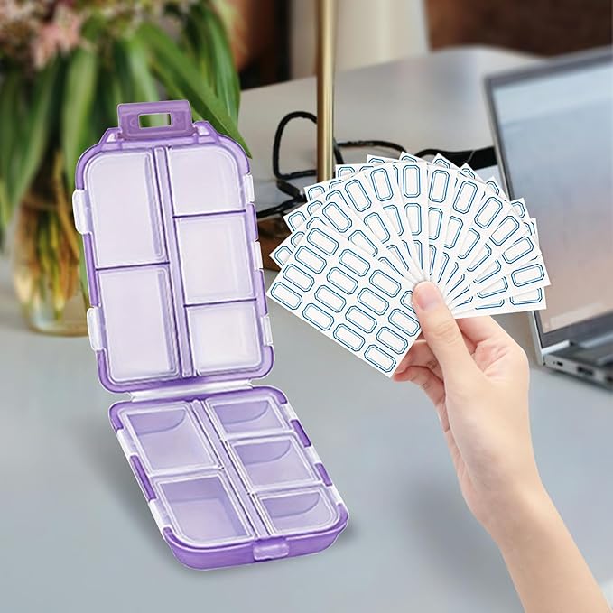 INVODA 12PCS 10-Compartment Pill Organizer BPA-Free Travel Pill Case with Daily Labels Portable Medicine Box for Vitamins, Supplements & Jewelry