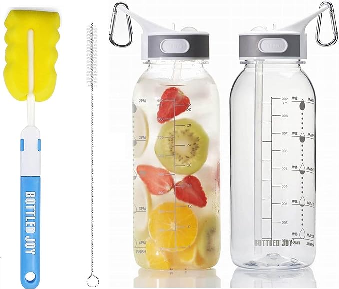 student 32oz tritan Water Bottle with Straw & Handle, BPA Free clear sports Bottle with Time Marker, Leakproof drinking water bottle, Dishwasher Safe water Jug for Gym, School,travel, Fitness Outdoor