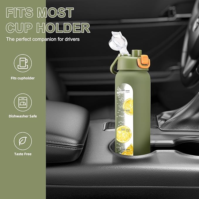 32 oz Glass Water Bottles with 2 Lids-Handle Spout Lid & Straw Lid, 1 Liter Motivational Borosilicate Water Bottle with Time Marker and Silicone Sleeve,Leakproof-Army Green-1 Pack