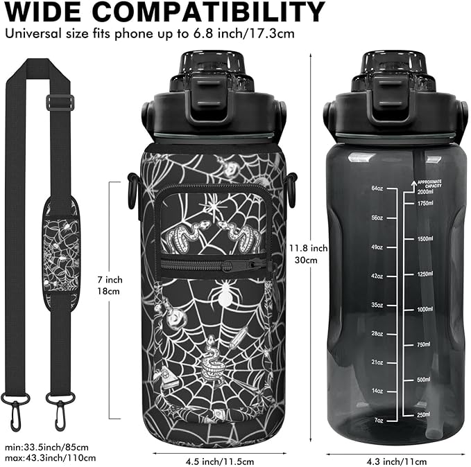 Halloween Half Gallon Water Bottle with Sleeve - Flip Top Bpa Free 64 OZ - Motivational Time Marker Leakproof Water Jug - Gothic Witchy Gifts for Women - Spider Web Snake for Gifts