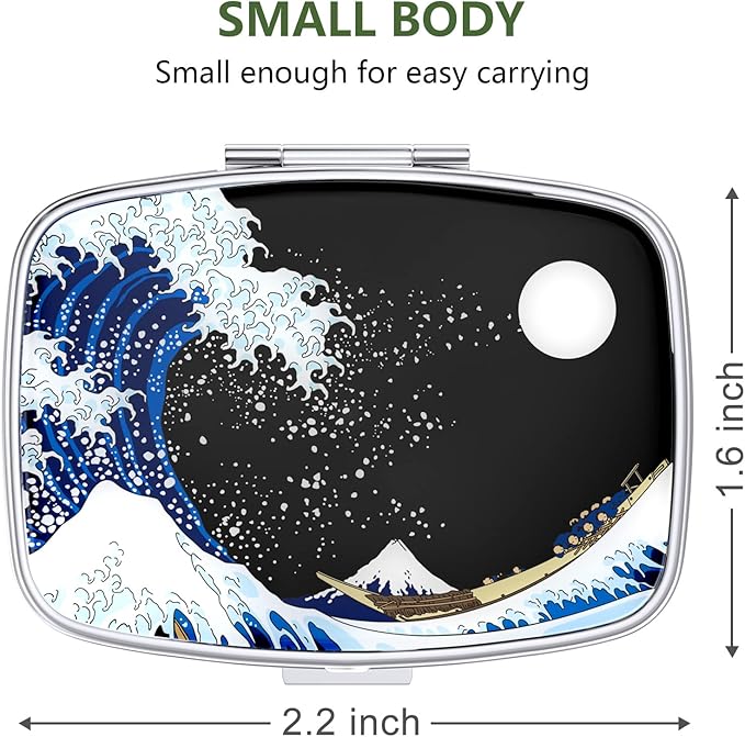 Nipichsha Pill Box, Small Pill Case for Purse & Pocket, Cute Travel Medicine Organizer, Portable Medicine Container Holder to Hold Vitamins, Medication, Fish Oil & Supplements, Japanese Wave