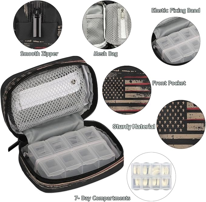 Abstract USA Flag Stripes Travel Pill Organizer Box Weekly Portable Pill Case Daily Pills 7 Day Small Birth Control Pills Container Removable Compartments for Medicine Vitamins Fish Oil
