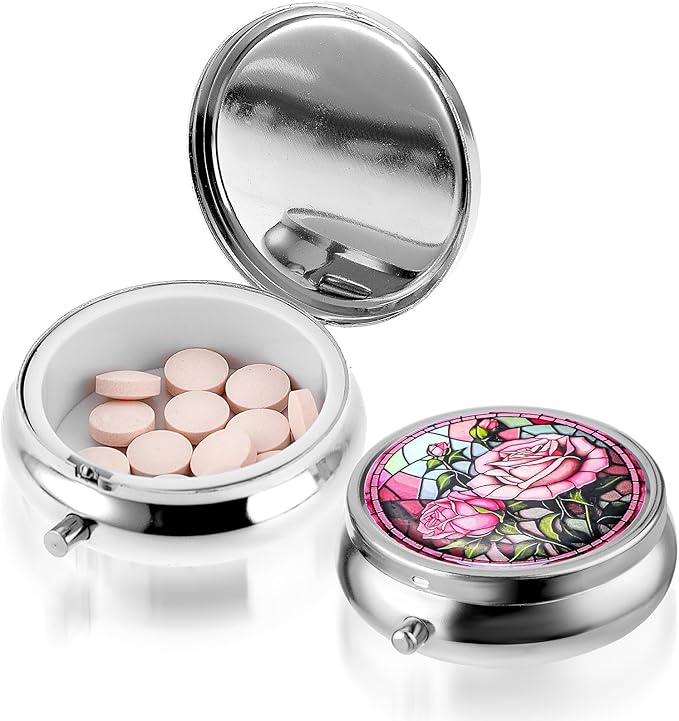 Pill Box Cute Small Pill Box for Purse & Pocket Medicine Organizer Travel Pillbox Waterproof Pill Case Metal Pill Container Holder for Vitamins, Fish Oil, Supplements (Silver Peony)