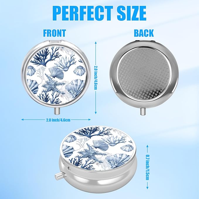 Pill Box, 3 Compartments Small Pill Case Travel Portable Metal Medicine Box with Mirror Mini Container for Purse Pocket Women Men（Starfish Seashell）