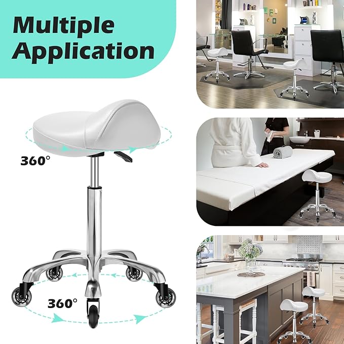 Ergonomic Saddle Stool with wheels - Upgraded Thicker Leather Seat Cushion, Healthy Posture Correction, Silky Smooth Gliding, Adjustable Rolling Saddle Stool Chair for Salon Medical Massage, White