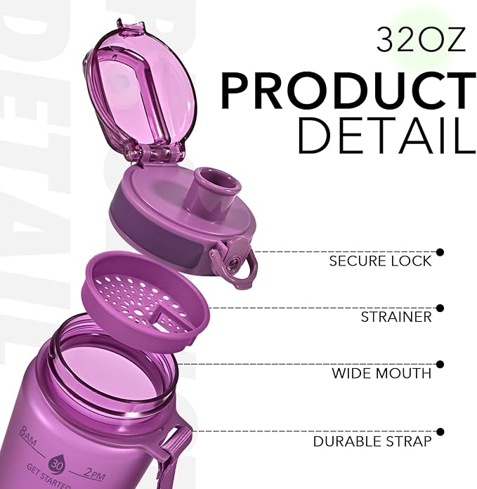 32oz Water Bottle with Time Marker, Motivational Drinking Bottle with Strap, BPA-Free Leak-Proof, Encouraging Water Bottle Time to Drink Water for Gym School Office Travel