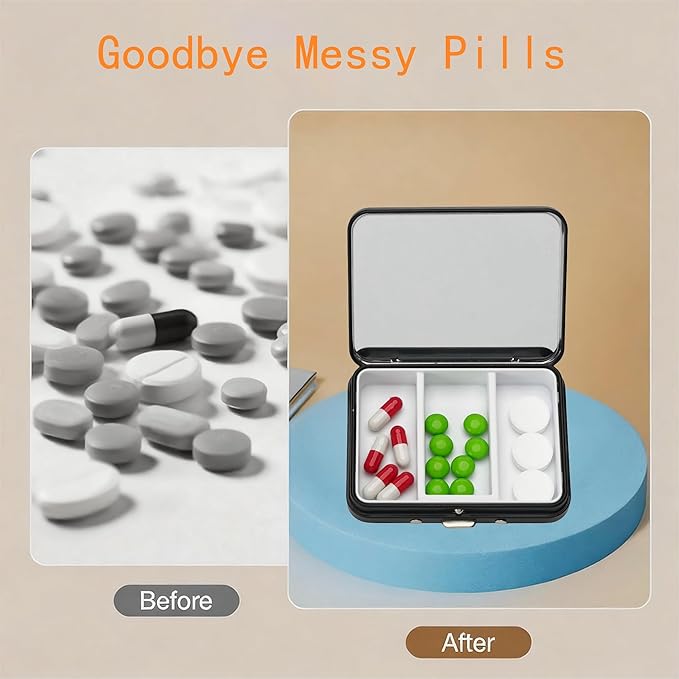 2Pcs Bling Small Pill Case with Mirror 3 Compartment Metal Pill Box for Purse and Pocket,Portable for Daily Vitamins and Medication(Black)