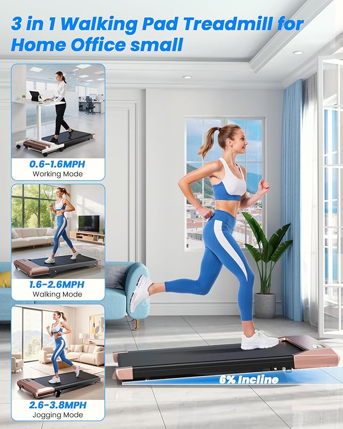 MJWW Walking pad, 6% Manual Incline Under Desk Treadmills, 300 LBS Walking pad treamill, 3 in 1 Treadmills for Home & Office, Portable treamill with LED Display