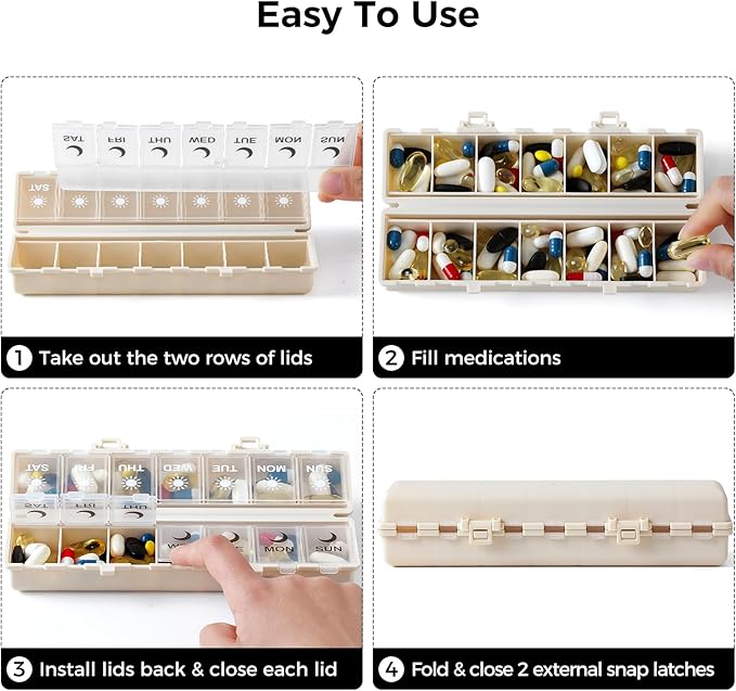 Foldable Pill Organizer Weekly 2 Times a Day, 7 Day Portable AM PM Travel Pill Case with Black&White Labels, Dual-Protection Daily Medicine Box, Large Pill Container for Vitamin/Supplement-Khaki