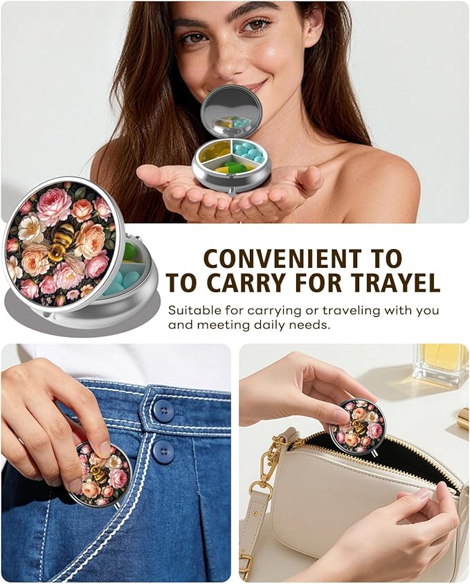 LRITER Pill Case, Portable Travel Pill Box, Pillbox Organizer, Cute Small Medicine Storage Container, Purse Accessories for Women, Men (Bee)