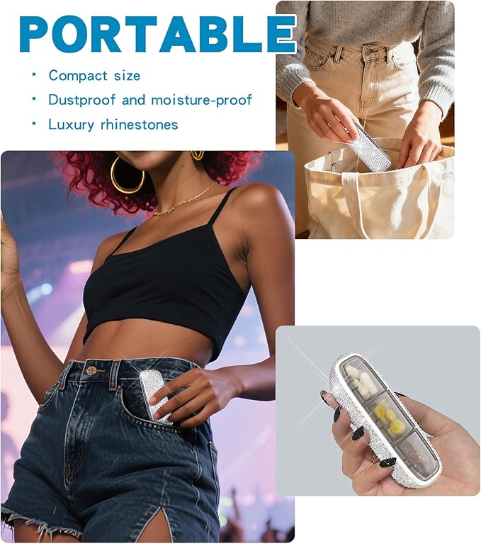 Bling Travel Pill Organizer Crystal Rhinestone 3 Compartments Independent Lid Portable Small Pill Case Box to Hold Vitamins Container for Pocket Purse Medicine Organizer