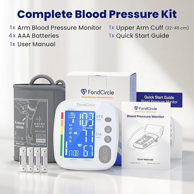 Upper Arm Blood Pressure Monitor for Home Use, Digital BP Machine Sphygmomanometer with 398 Reading Memory, Adjustable Arm Cuff 8.6"-17.7" (22-45 cm) Large LCD Display with Bluetooth Sync