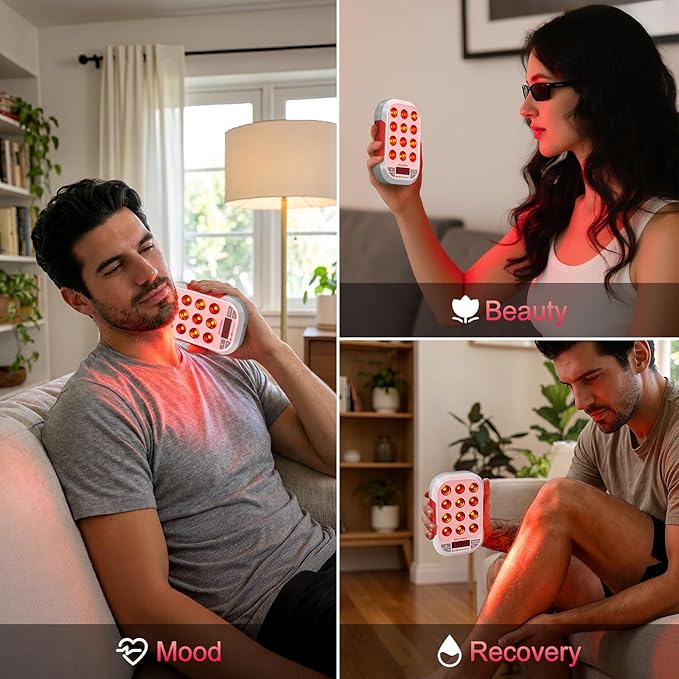Portable Red Light Therapy, 630/660/810/830/850nm 5 Wavelengths Mini Handheld Red Near Infrared Light, 12 Triple Chip Clinical Grade LEDs, Rechargeable, Travel Case, Timer, for Body, BO-60