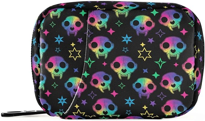 Travel Pill Organizer Bag Weekly Pill Organizer Case Goth Rainbow Style Skull Portable Small Daily Pill Boxes for Vitamin Fish Oils Supplement Holder with Zipper Compact Size