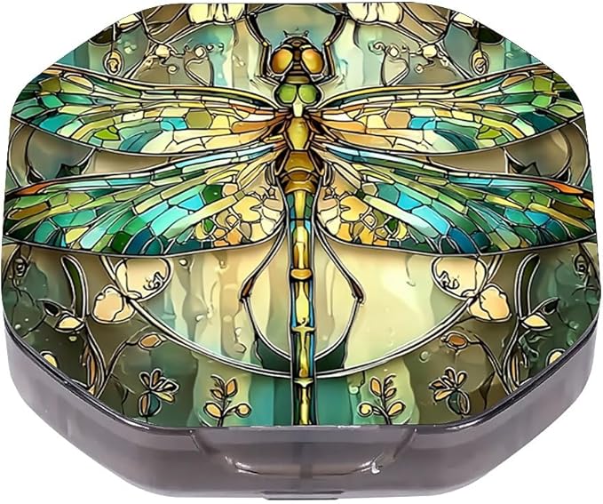 This Portable Vintage Stained Glass Dragonfly Pattern 4-Compartment Pillbox Can Be Placed in A Pocket Or Wallet to Store Vitamins, Medicines Fish Oil Health Supplements Other Medications.