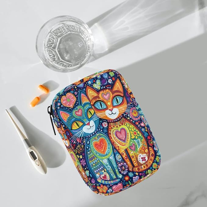 Abstract Cat Ethnic Pill Case Travel Pill Organizer Weekly 7 Day Portable with Zipper Medicine Box Pill Case for Vitamins, Birth Control,Fish Oils,Medication, Supplements