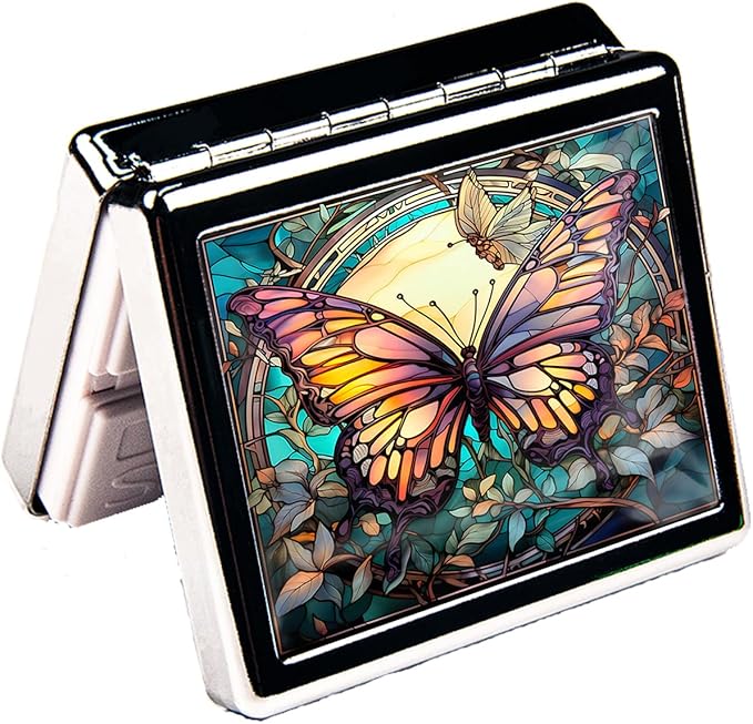 7 Days Chromed Shiny Silver Pill Organizer with Mirror Inside Has 8 Separate Compartments Rectangle 7 Days Pill Box Pill Case (Colorful Butterfly)