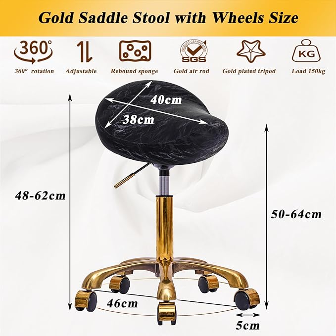 Saddle Stool Gold Rolling Stool with Wheels, PU Leather Roller Vanity Chair, Height Adjustable Swivel Saddle Chair for Pedicure, Tattoo, Massage, Salon, Spa (Black)