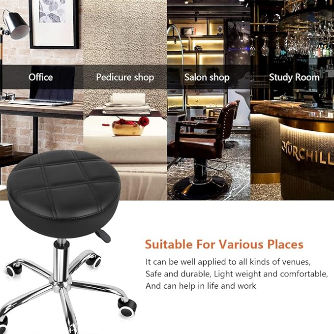 KKTONER Round Rolling Stool PU Leather Height Adjustable Swivel Drafting Work SPA Medical Salon Stools Chair with Wheels Black
