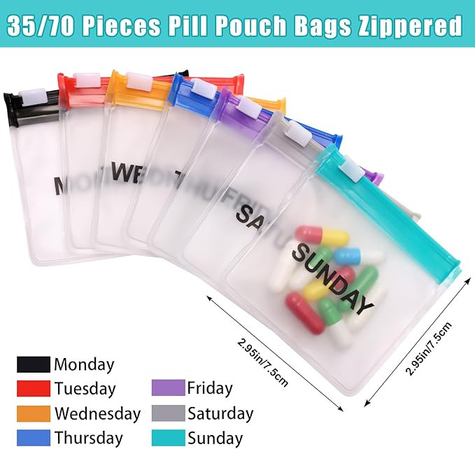 Reusable Pill Pouch - 35 Zippered Pieces, Portable Medicine Bags with Slide Lock