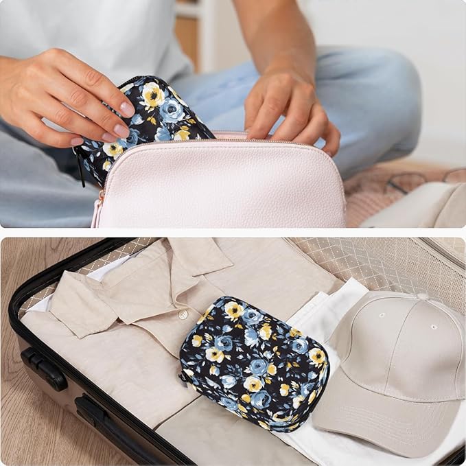 Floral Blue Flower Pill Case Everyday Travel, 7 Day Weekly Medicine Pill Box Compact Portable Pills Bottle Organizer with Zipper for Daily Vitamin Medicine Holder Bottle Organizers Bag