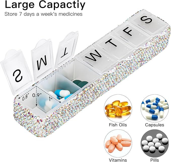 Soleebee Portable Weekly 7 Day Pill Organizer, Bling Crystal Pill Box Case, Travel Pill Planner, Pill Dispenser, Medicine Vitamin Container Organizer (AB)