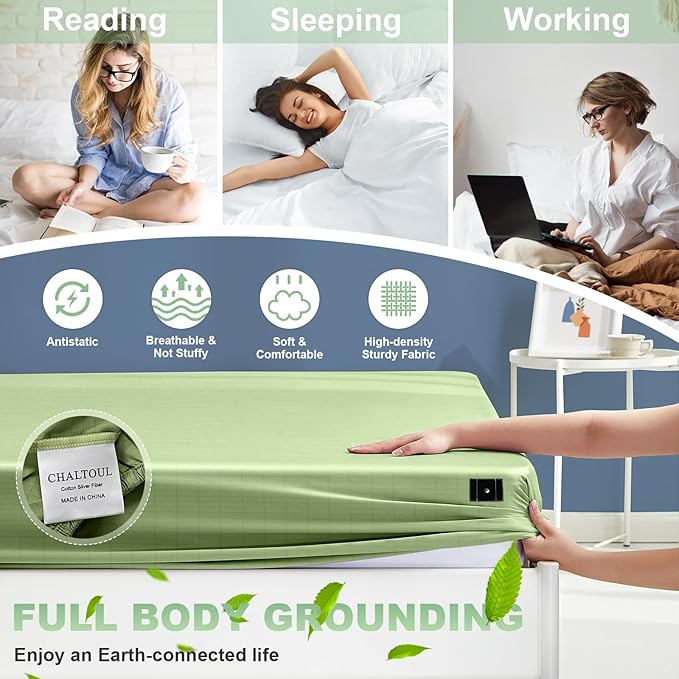 Grounding Sheets King Size Premium Cotton for Healthy Sleep Therapy, Deep Pocket Grounding Fitted Sheets Includes Grounding Cord (Sage Green, King -76"x80"x14")