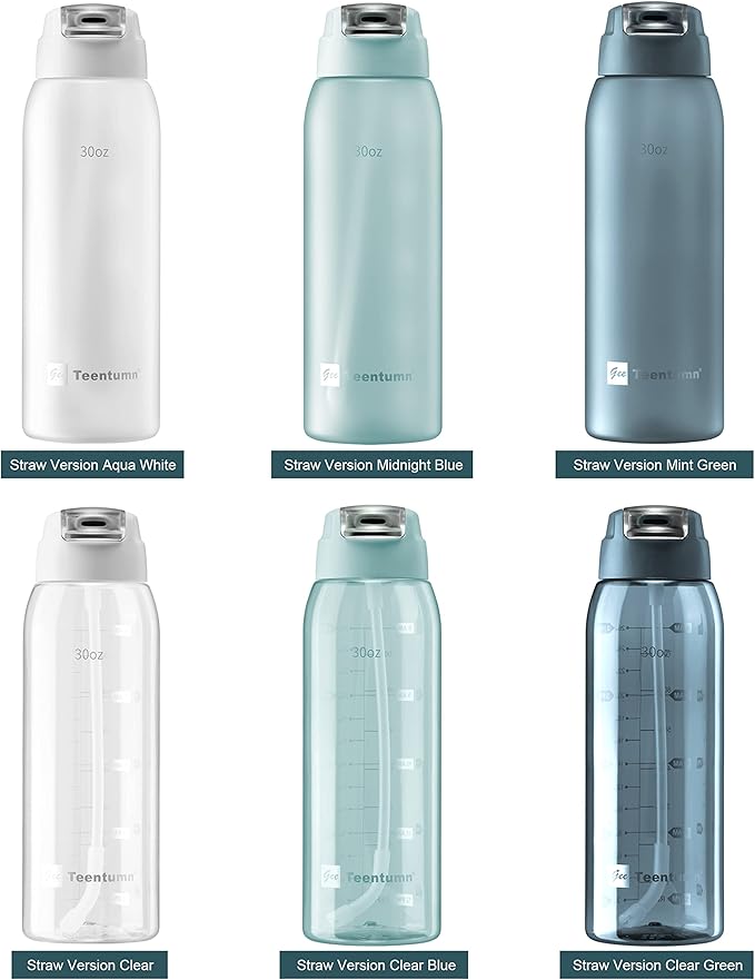 Clear Water Bottle with Straw BPA Free Tritan with Time Markers, 30oz Durable Bottle Perfect for Office, School, Gym and Workout (Pack of 1)