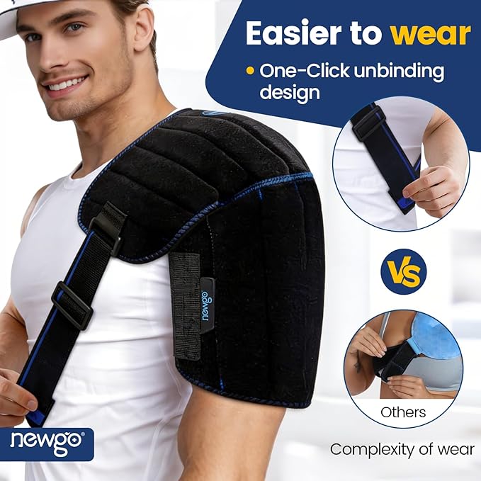 NEWGO Shoulder Ice Pack Wrap for Rotator Cuff, 2 Hours Long Lasting Cold Therapy with Flexible Cubed Design, Pain Relief for Arm & Shoulder Injuries, Post-Surgery Recovery, Reusable
