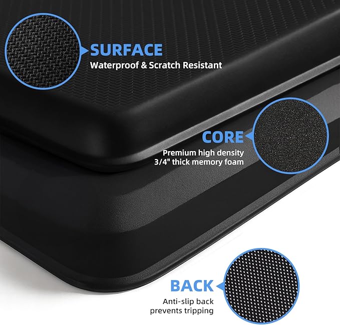 Kitchen Mat Cushioned Anti Fatigue, 0.75" Waterproof,Non Slip Kitchen Rugs, Memory Foam Comfort Mat for Standing at Home,Office,Sink,Laundry(20"x71" Black)