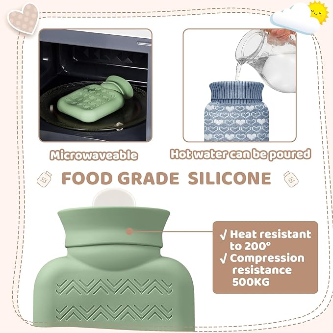 Amylove 3 Pcs Mini Hot Water Bottle for Hot & Cold Compress with Cover 320ml Silicone Microwave Heating Bottles Small Water Bag for Travel Holiday Gift(Beige, Green, Blue,Heart Print)