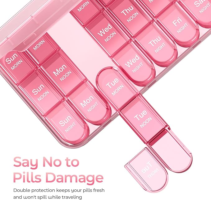 Daviky Pill Organizer 3X a Day, Weekly Pill Box 7 Day, Travel Pill Case with Large Containers, 3 Times Medcine Organizer for Vitamins, Medication, Supplements and Fish Oils (Pink)