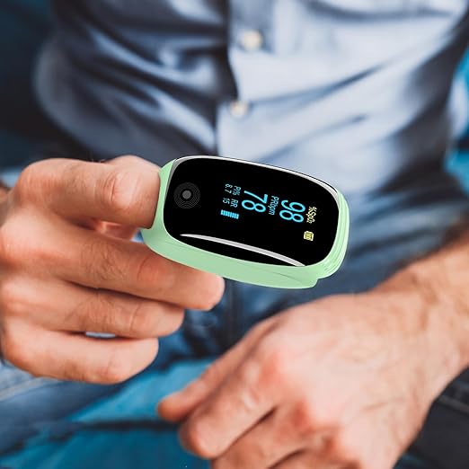 Fingertip Pulse Oximeter with Respiration Rate Monitoring, PI & RR Measurements, Rechargeable Blood Oxygen Monitor with Heart Rate and Fast Spo2 Reading, Pulse Ox with OLED Display, 6 View Modes & Auto-Rotating Screen (Green)