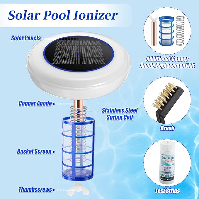 Qualirey Solar Powered Pool Ionizer with Colorful LED Lights, Floating Water Cleaner Purifier Include Large Floating Pool Thermometer, 4 Pcs Scum Eliminating Ball, Copper Anode Replacement Kit