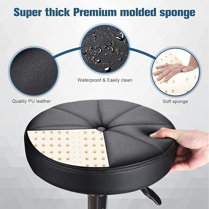 Round Rolling Stool with Wheels Height Adjustable Swivel Stool Chair for Spa Salon Massage Black