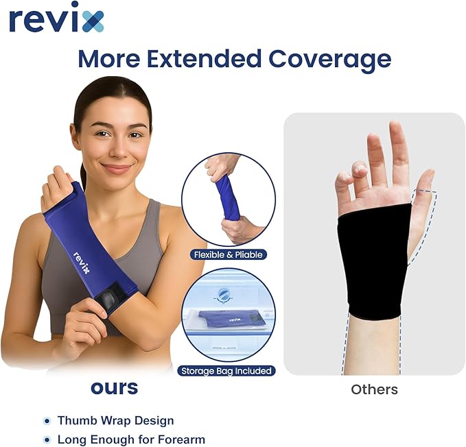 REVIX XL Wrist Ice Pack for Hand - Reusable Cold Pack Wrap with Full-Length Coverage for Hand, Thumb & Forearm, Easy-On Hands Ice Pack Sleeve for Daily Comfort & Post-Workout Recovery