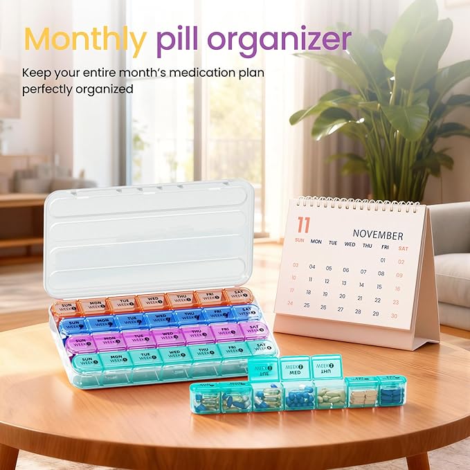 Betife Monthly Pill Organizer 1 Time a Day, 4 Weekly Pill Box Organizer Once a Day, 30 Day Large Pill Case for Travel, 31 Day Daily Medcine Container for Vitamins, Supplement & Medication (White)