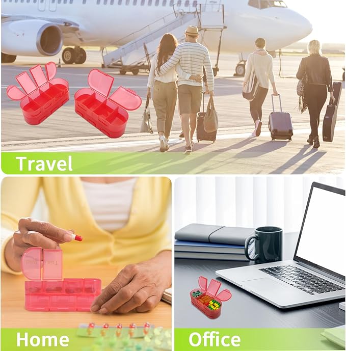 Weekly (7 Days) Pill Organizer Travel, Double-Sided Opening Design, 2/3/4 Times a Day, Portable Pill Box for Storing Fish Oils/Supplements/Medication/Vitamins（2 PC Red）