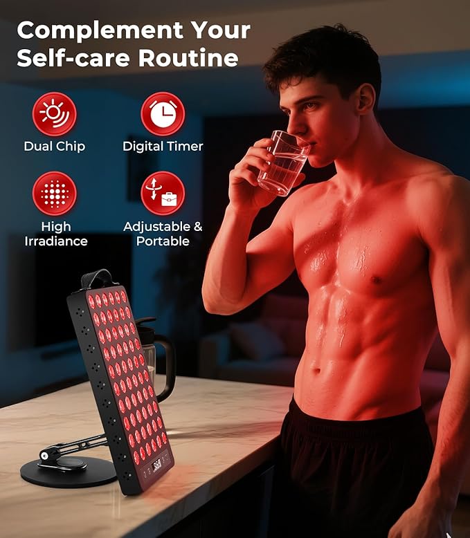 Red Light Therapy for Body & Face, 60 LEDs with Timer, 660nm & 850nm Near Infrared Therapy Device for Skin Health, Energy & Recovery, Multi Effects, High Power Panel with Magnetic Remote & Handle