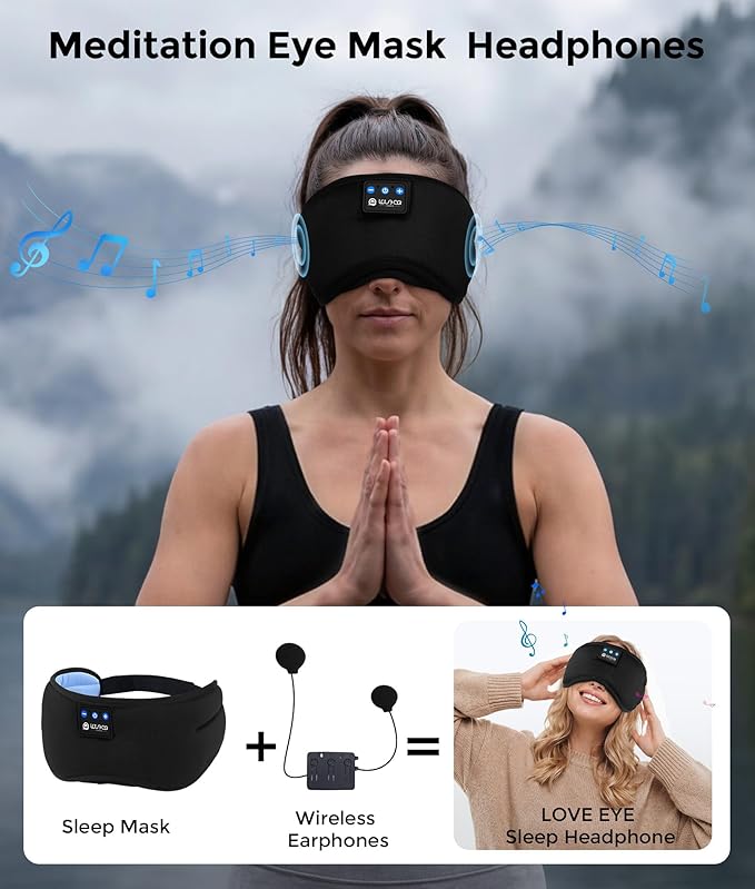 LOVE EYE Sleep Headphones Bluetooth 5.4 Sleeping Eye Mask Wireless Music Earphones with HD Speakers for Side Sleepers Total Blackout Cotton Mask for Travel, Home, Office, Unique Gifts