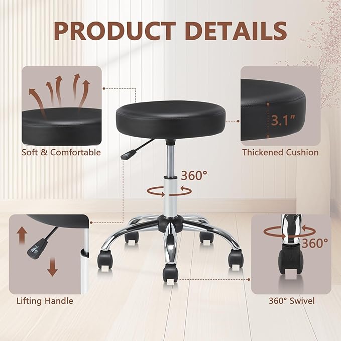 Round Rolling Stool with Wheels Adjustable Height Swivel Multi-Purpose Heavy Duty Wide Seat Drafting Stool for Office Laboratory Salon Massage Spa Medical Doctor Clinic Tattoo Beauty Nail